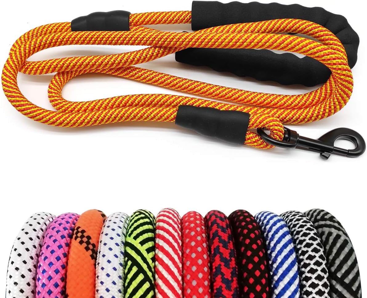 Heavy Duty Rope Dog Leash, 6 FT Nylon Pet Leash, Soft Padded Handle Thick Lead Leashes for Large Medium Dogs (Orange, 1/2" X 6Ft)