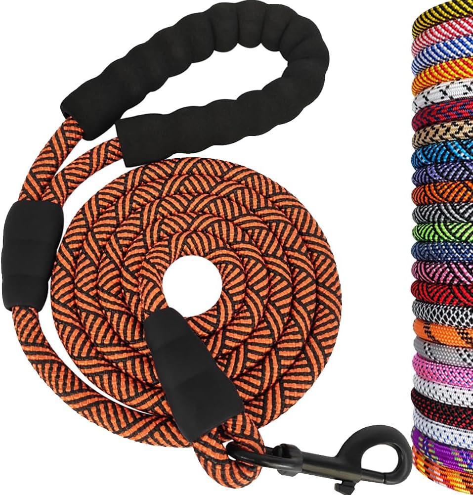 Heavy Duty Rope Dog Leash, 6 FT Nylon Pet Leash, Soft Padded Handle Thick Lead Leashes for Large Medium Dogs (Orange, 1/2" X 6Ft)